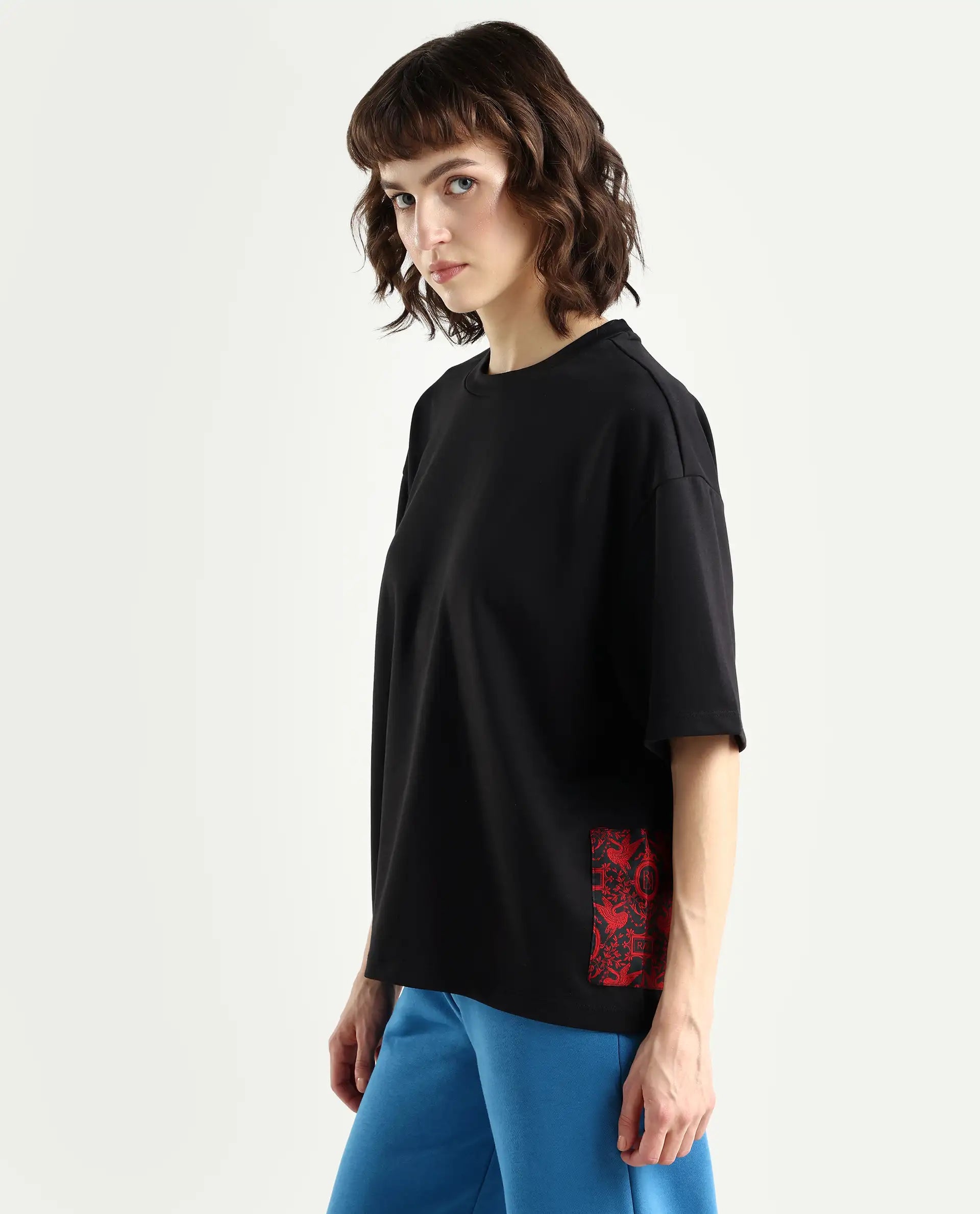 Rareism Women's Pach Black Polyester Blend Crew Neck Plain Relaxed Fit T-Shirt