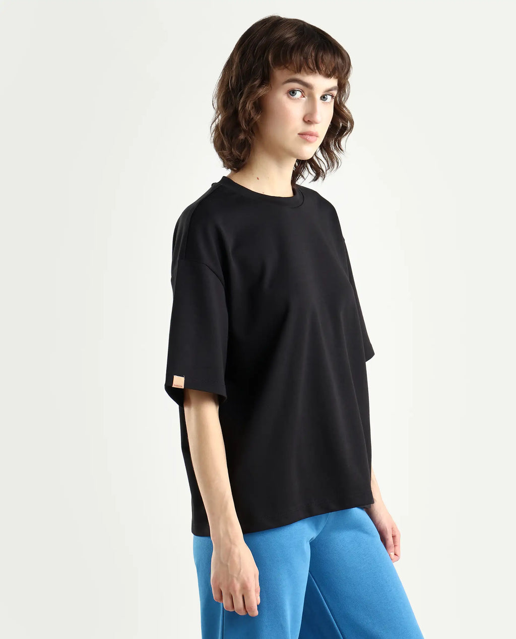 Rareism Women's Pach Black Polyester Blend Crew Neck Plain Relaxed Fit T-Shirt