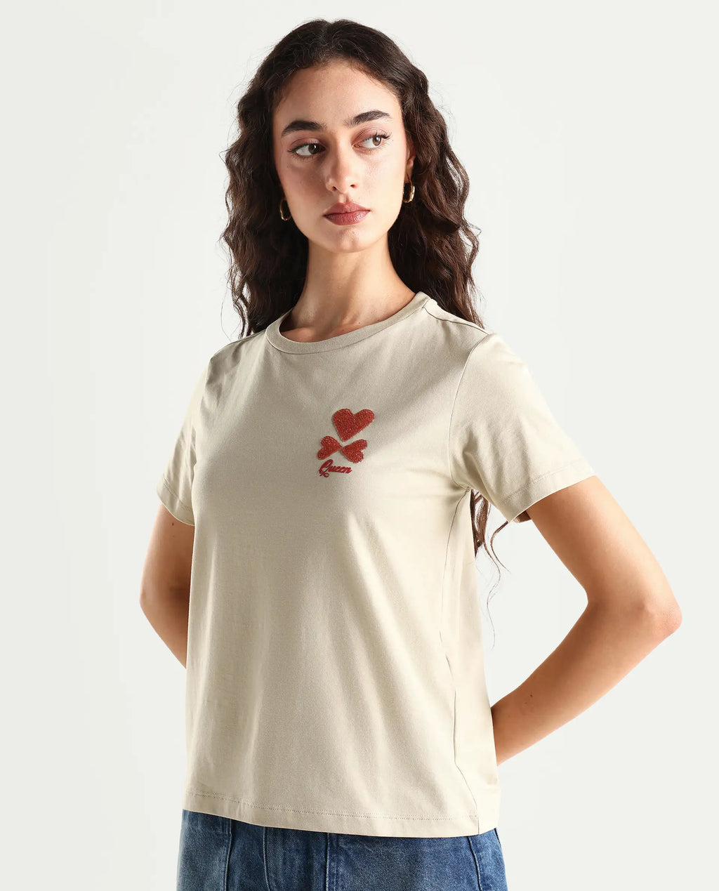Rareism Women's Sompek Beige Cotton Blend Crew Neck Graphic Print Regular Fit T-Shirt