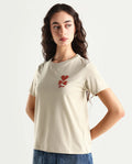 Rareism Women's Sompek Beige Cotton Blend Crew Neck Graphic Print Regular Fit T-Shirt