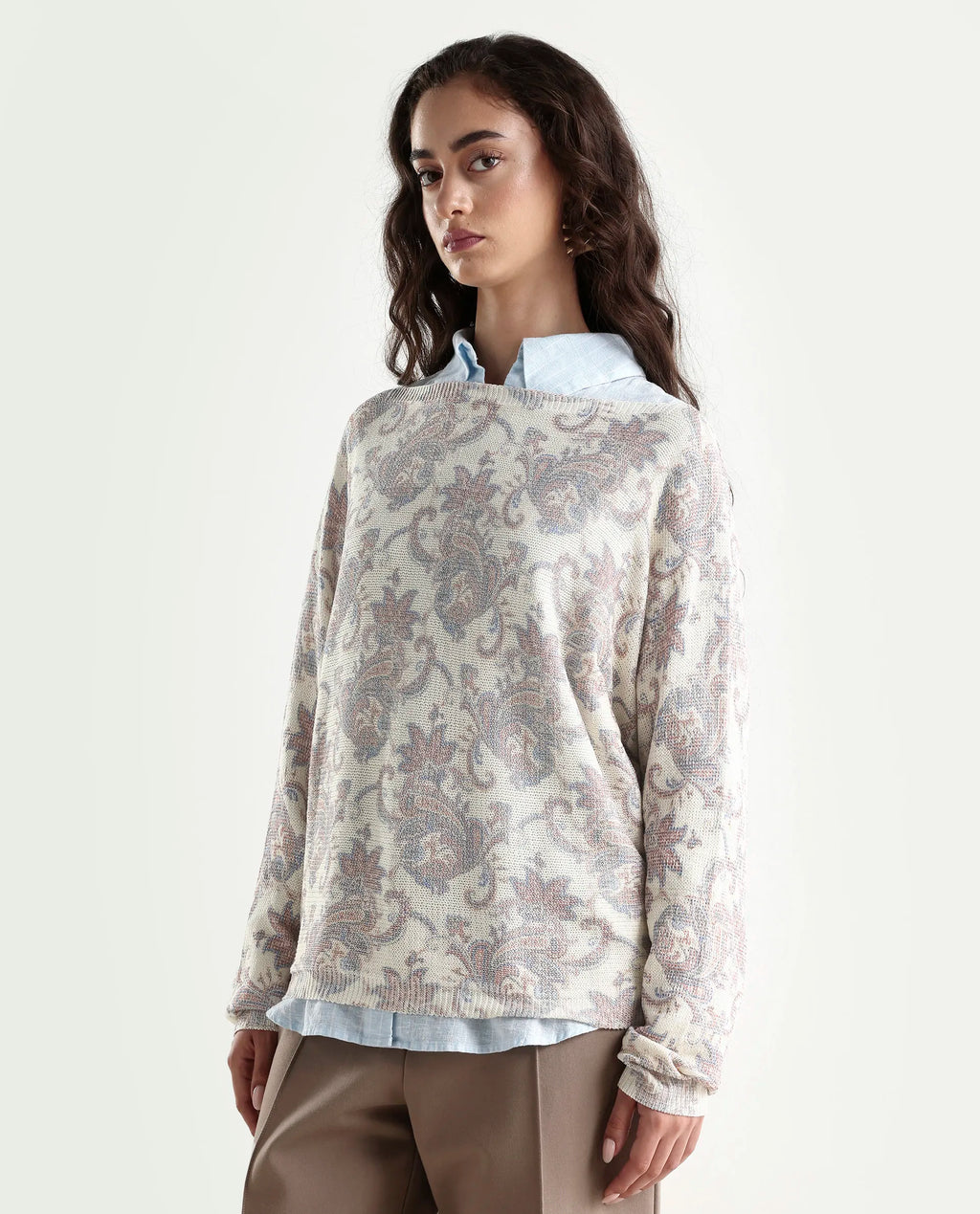Rareism Women's Nupint Light Multi Viscose Blend Boat Neck Paisley Print Kimono Sleeve Relaxed Fit Top