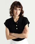 Rareism Women's Prepol Black Viscose Blend Spread Collar Plain Sleeveless Crop Boxy Fit Top