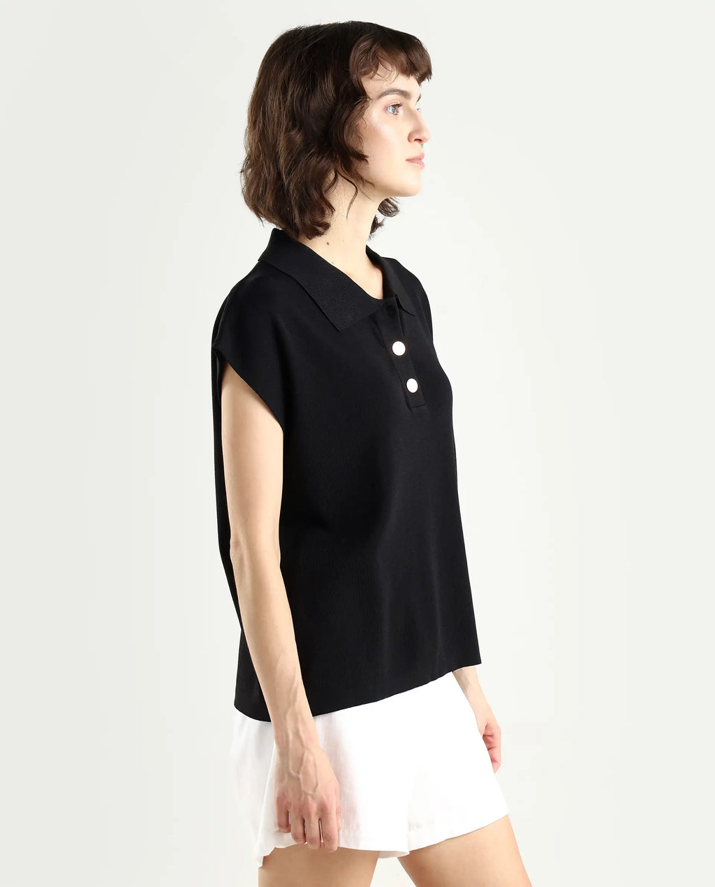 Rareism Women's Prepol Black Viscose Blend Spread Collar Plain Sleeveless Crop Boxy Fit Top