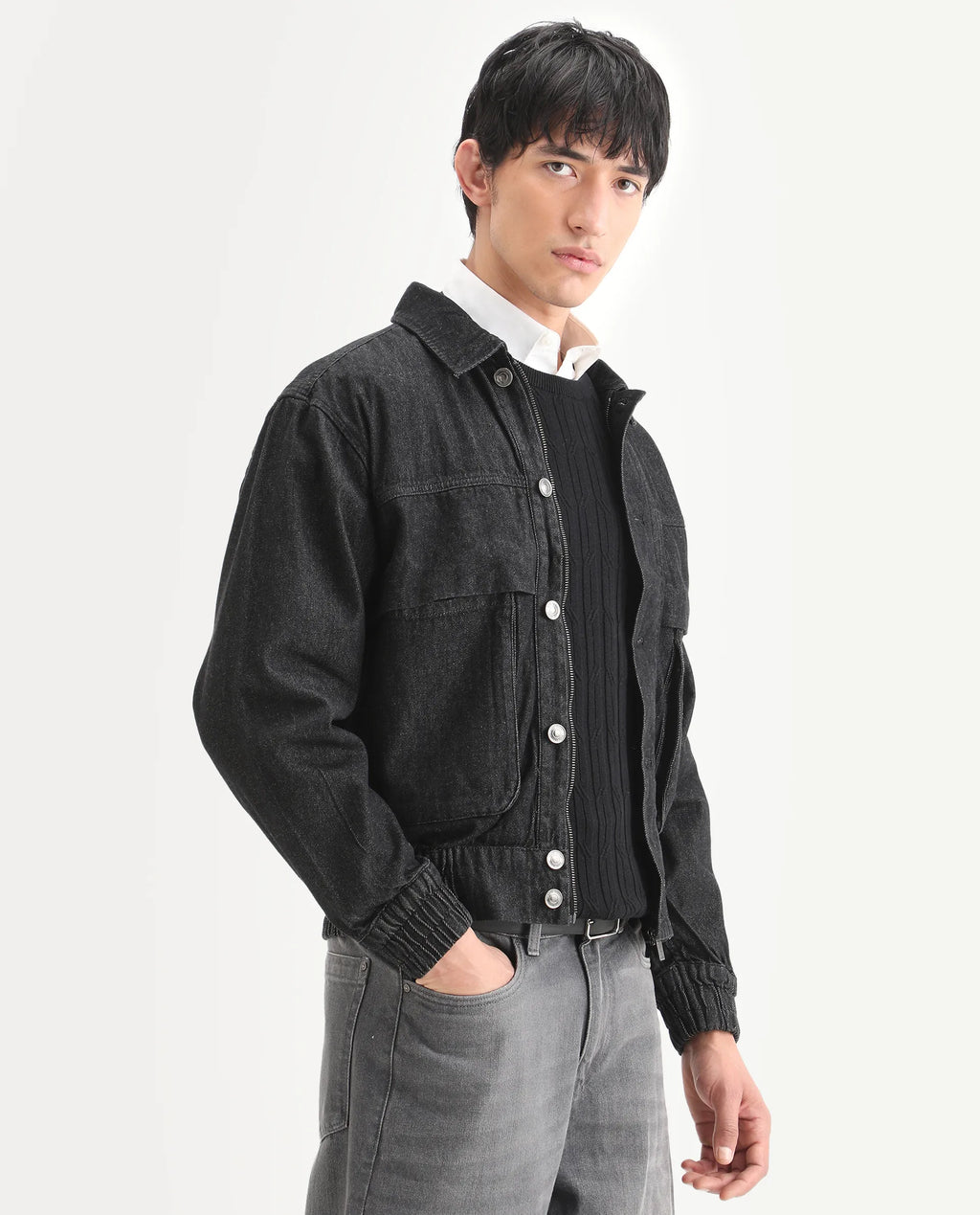 Rare Rabbit Men's Circe Black Cotton Plain Oversized Fit Full Sleeve Spread Collar Jacket