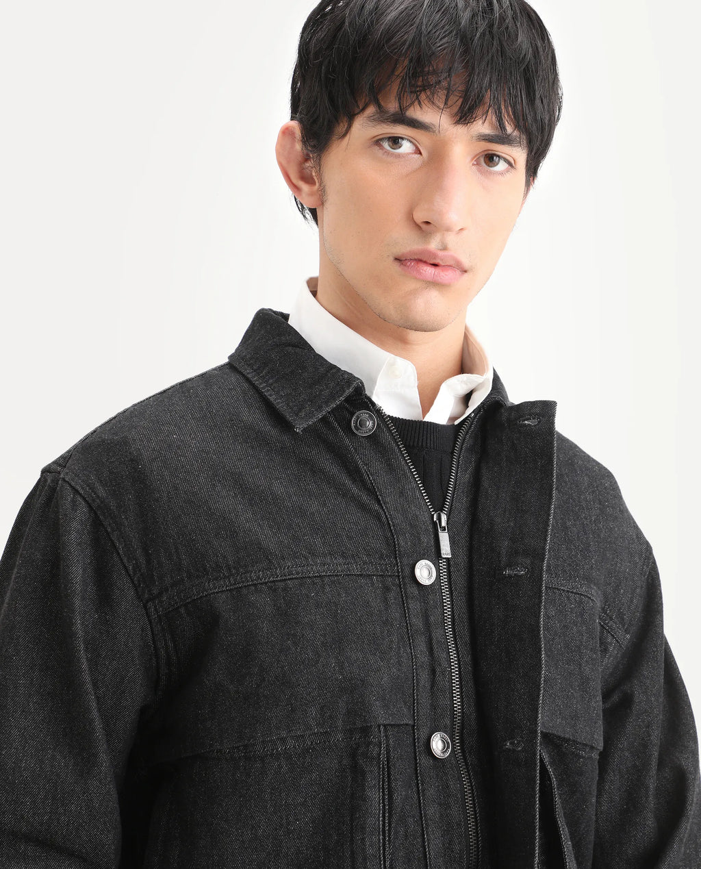 Rare Rabbit Men's Circe Black Cotton Plain Oversized Fit Full Sleeve Spread Collar Jacket