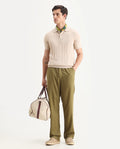 Rare Rabbit Men's Coft-B Olive Linen Blend Plain Loose Fit Trouser