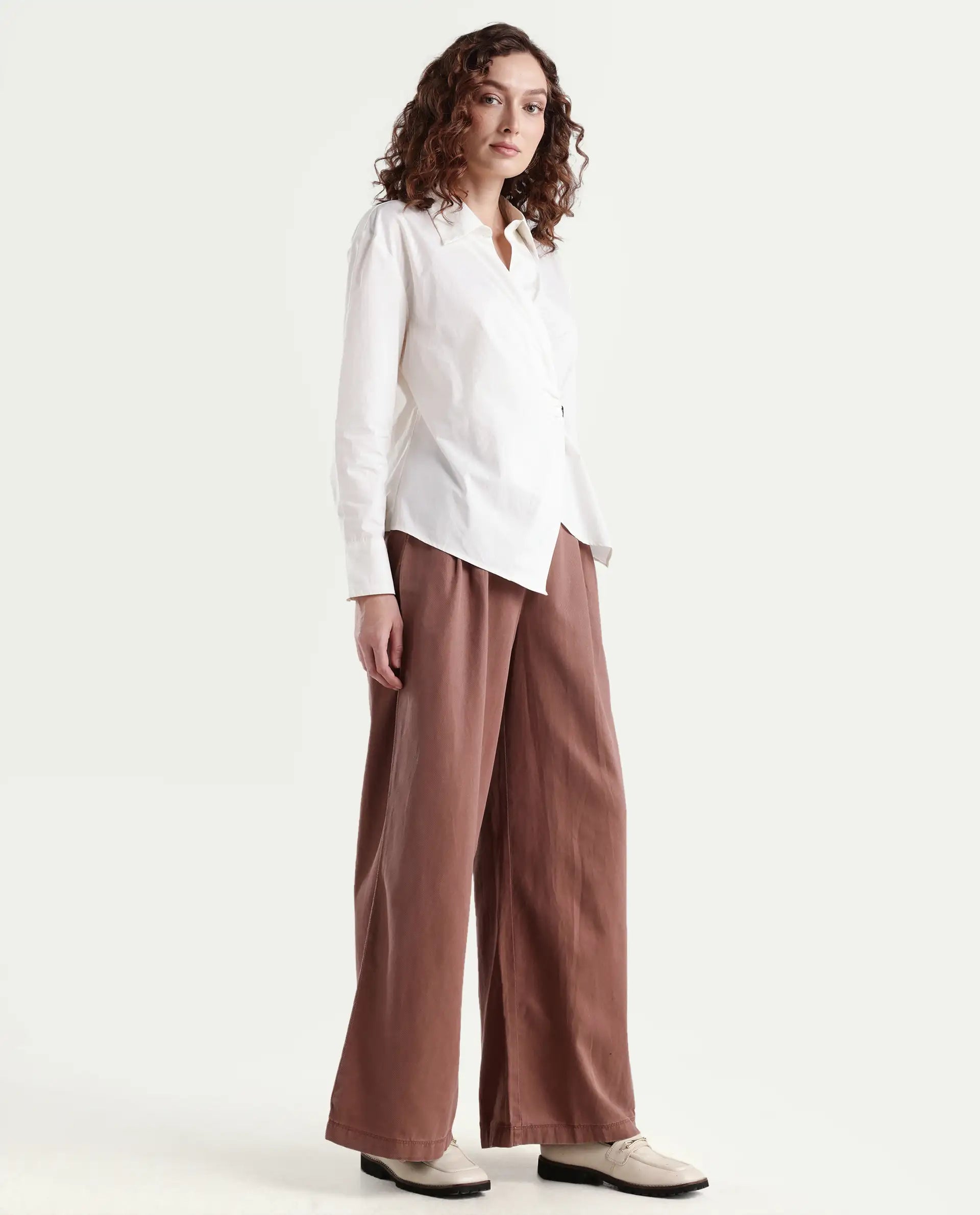 Rareism Women's Bhaleyn B Light Brown Cotton Blend Plain Ankle Length Flared Trouser