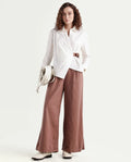 Rareism Women's Bhaleyn B Light Brown Cotton Blend Plain Ankle Length Flared Trouser