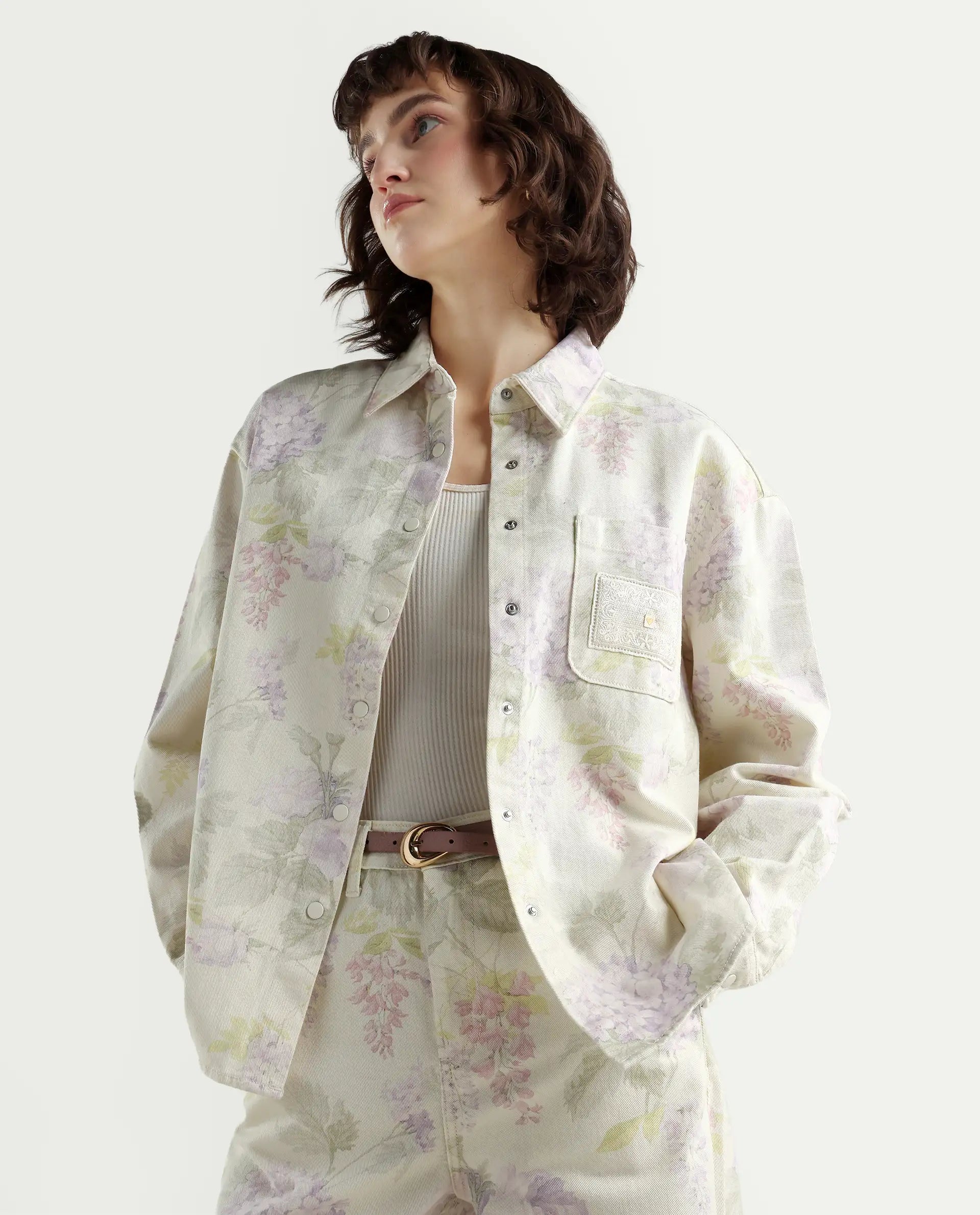 Rareism Women's Prebin-T Multi Cotton Spread Collar Floral Print Cuffed Sleeve Boxy Fit Shirt