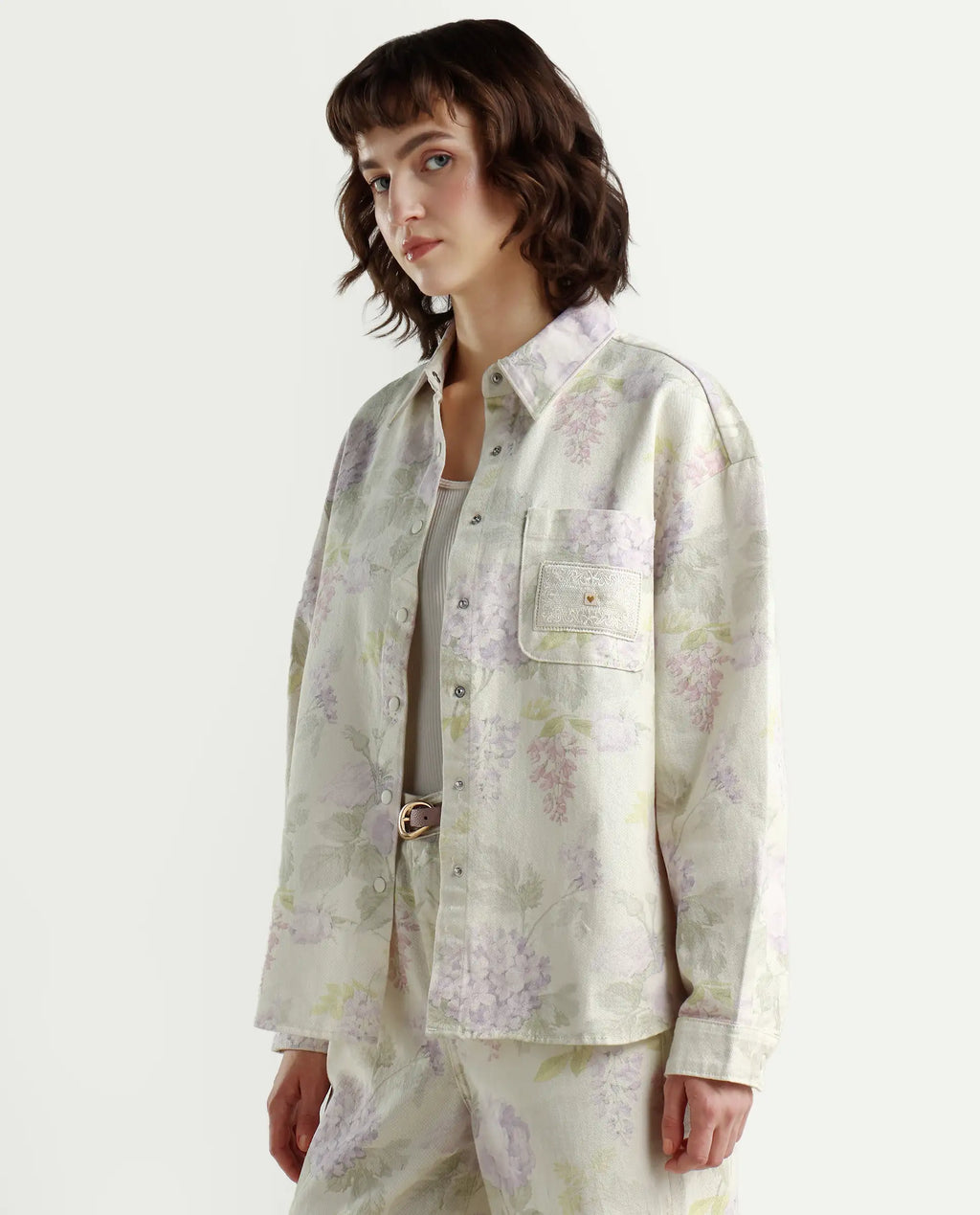 Rareism Women's Prebin-T Multi Cotton Spread Collar Floral Print Cuffed Sleeve Boxy Fit Shirt