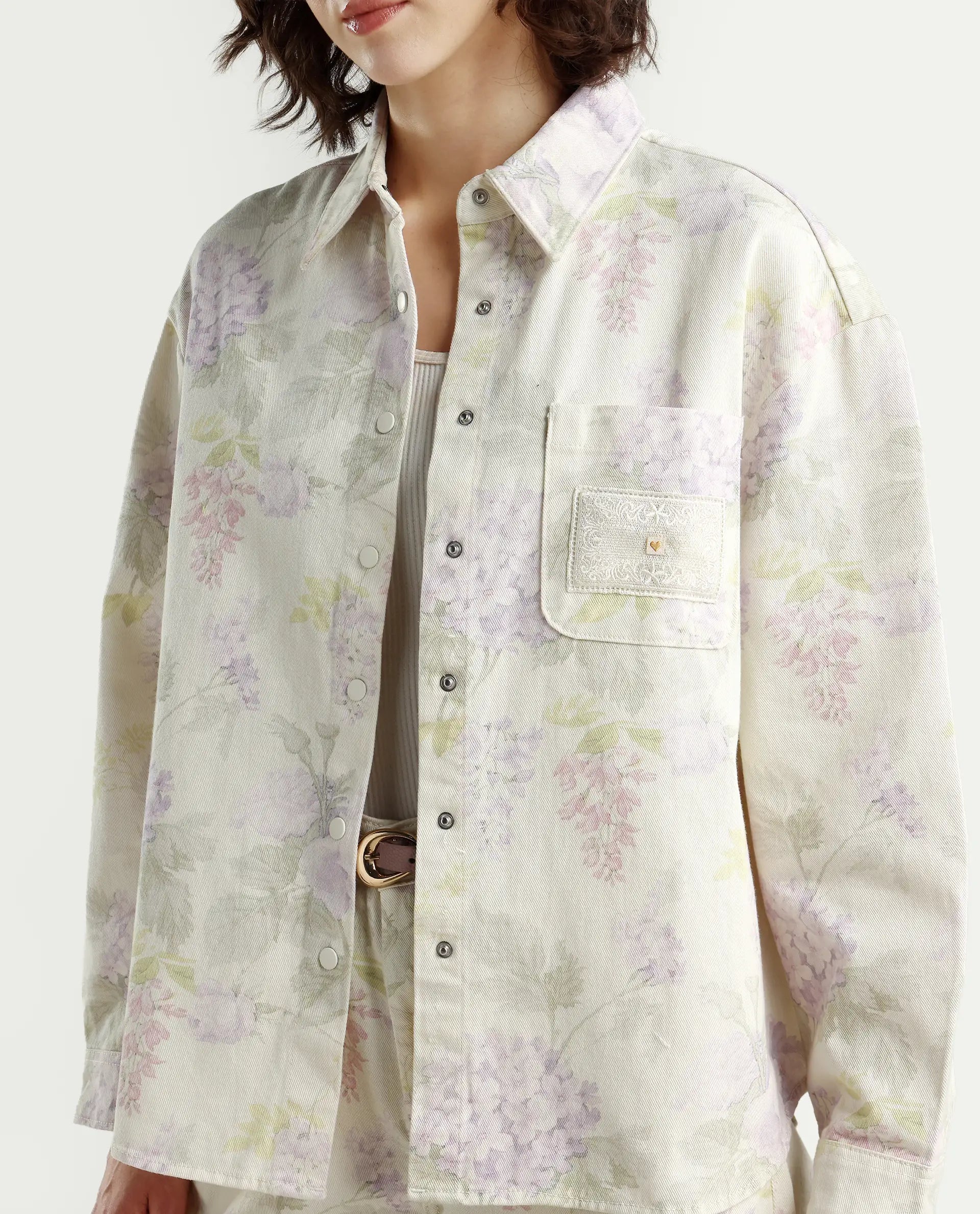 Rareism Women's Prebin-T Multi Cotton Spread Collar Floral Print Cuffed Sleeve Boxy Fit Shirt