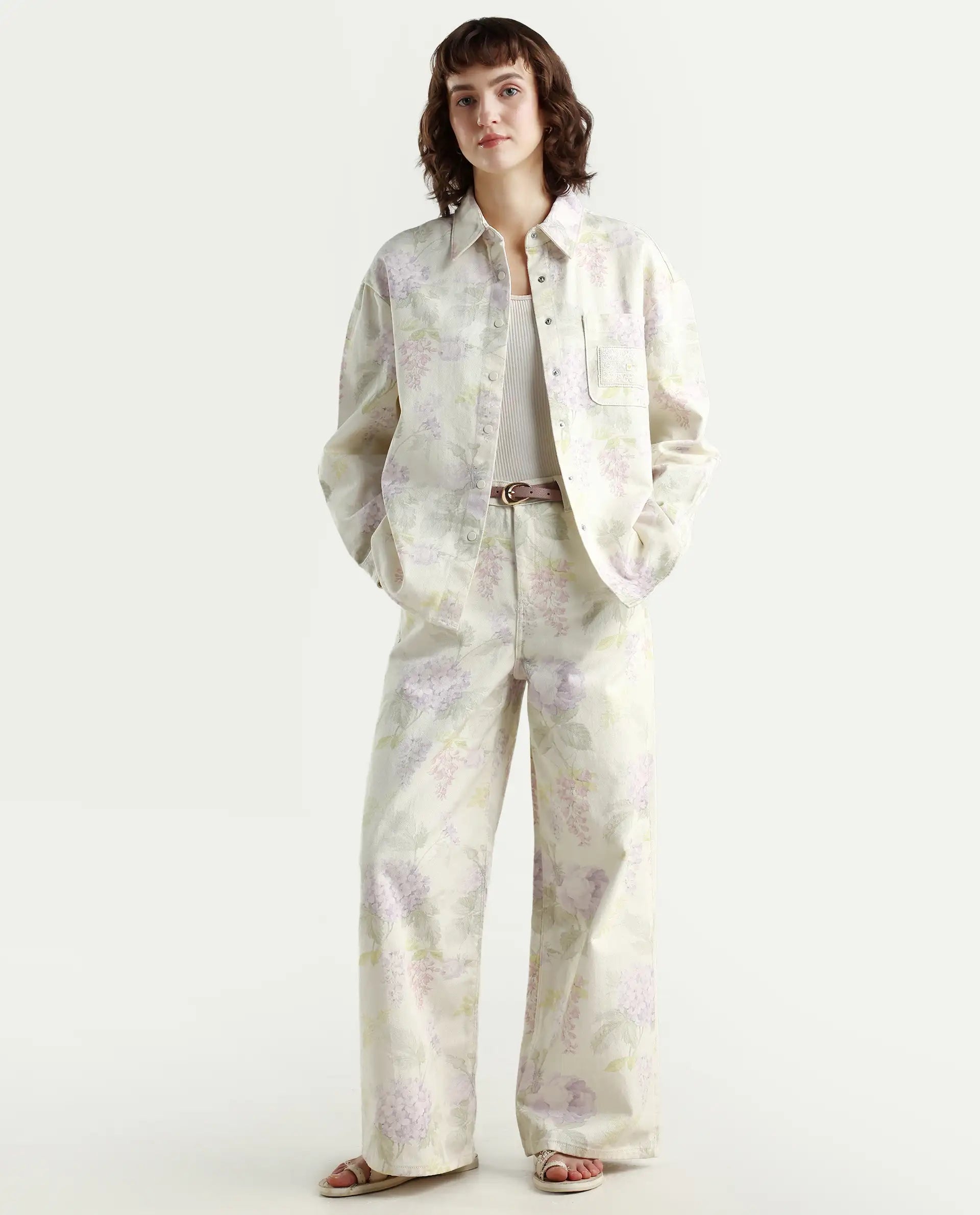 Rareism Women's Prebin-T Multi Cotton Spread Collar Floral Print Cuffed Sleeve Boxy Fit Shirt