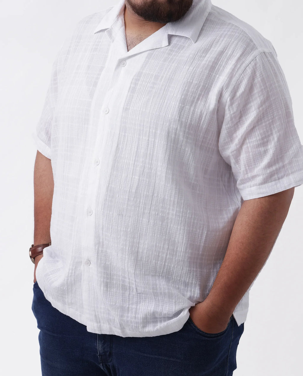 Rare Rabbit Men's Dara-L White Cotton Checked Print Plus Size Half Sleeve Cuban Collar Shirt