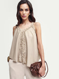Rareism Women's Epave Beige Polyester V-Neck Plain Sleeveless Relaxed Fit Top