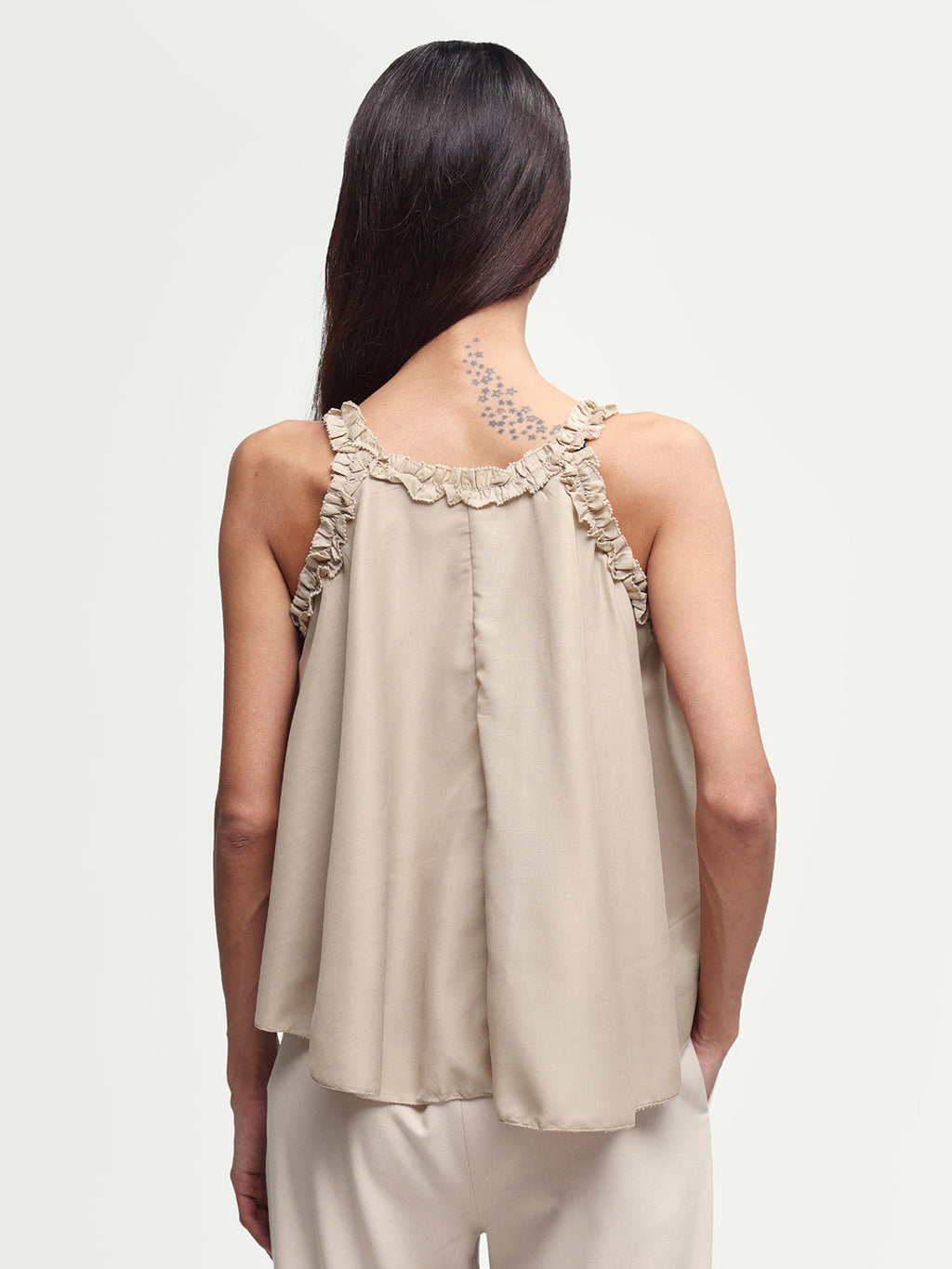 Rareism Women's Epave Beige Polyester V-Neck Plain Sleeveless Relaxed Fit Top