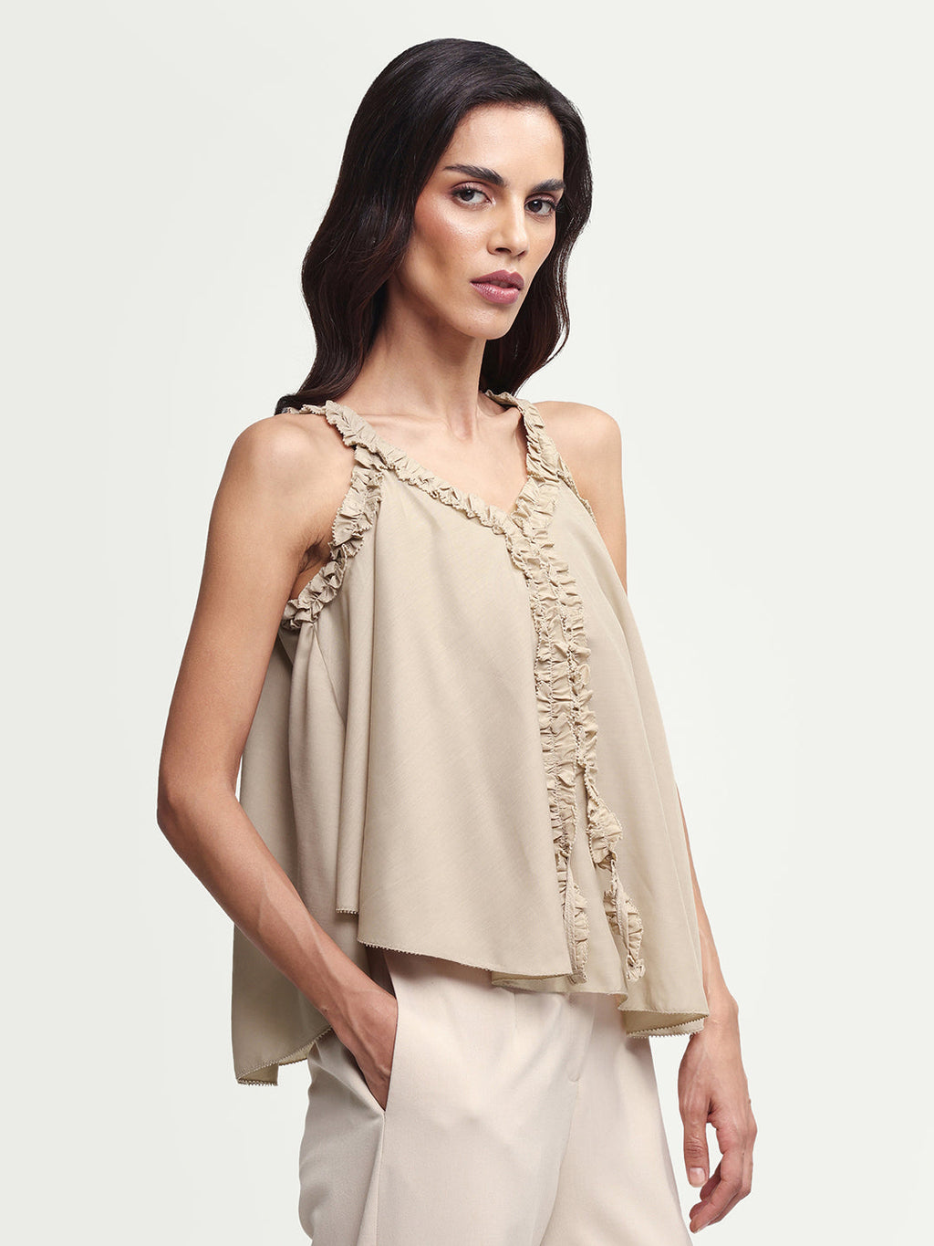 Rareism Women's Epave Beige Polyester V-Neck Plain Sleeveless Relaxed Fit Top