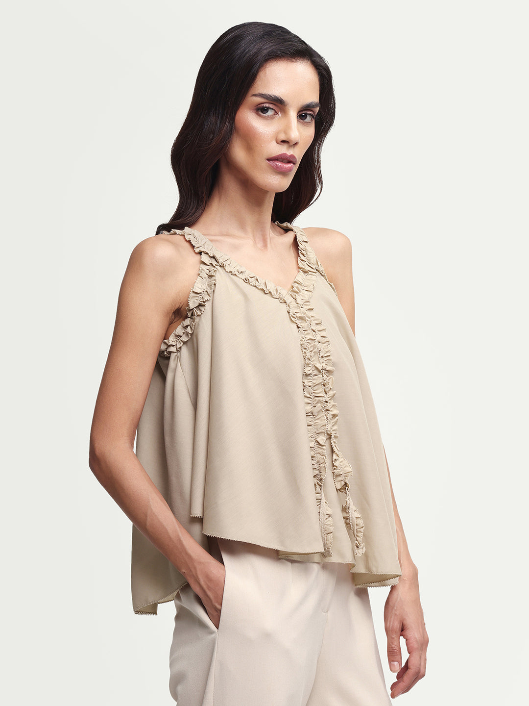 Rareism Women's Epave Beige Polyester V-Neck Plain Sleeveless Relaxed Fit Top