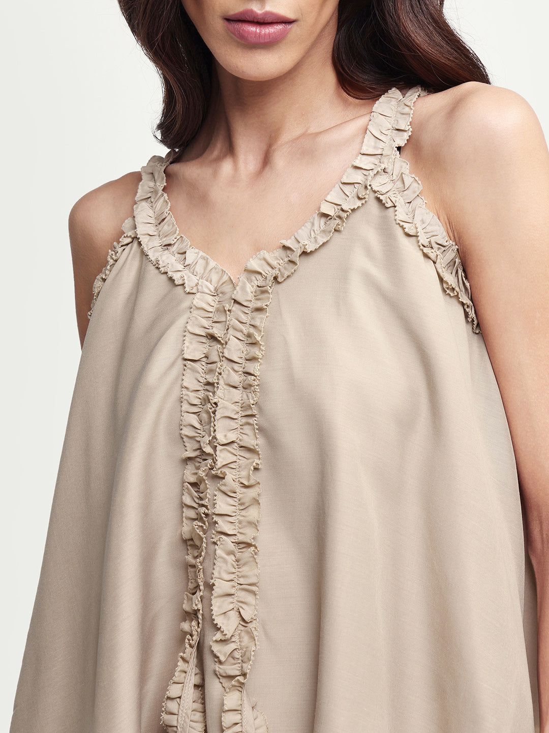 Rareism Women's Epave Beige Polyester V-Neck Plain Sleeveless Relaxed Fit Top