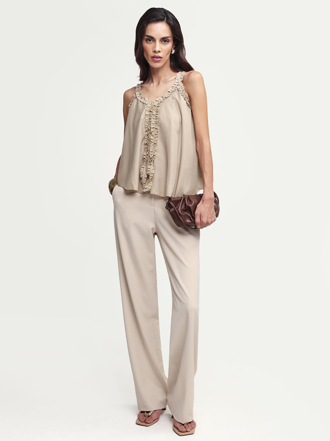 Rareism Women's Epave Beige Polyester V-Neck Plain Sleeveless Relaxed Fit Top