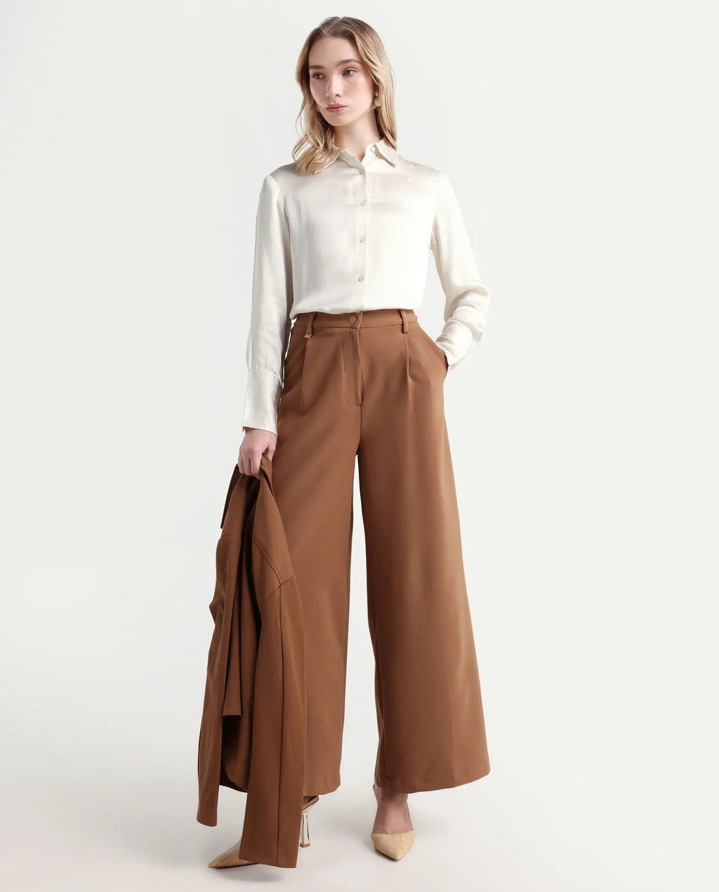 Rareism Women's Jaux Beige Satin Collared Plain Cuffed Sleeve Regular Fit Shirt