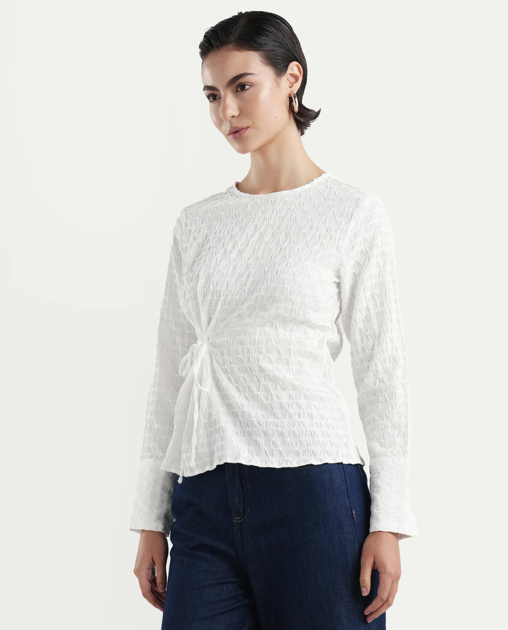 Rareism Women's Kiop White Polyester Crew Neck Plain Cuffed Sleeve Regular Fit Top