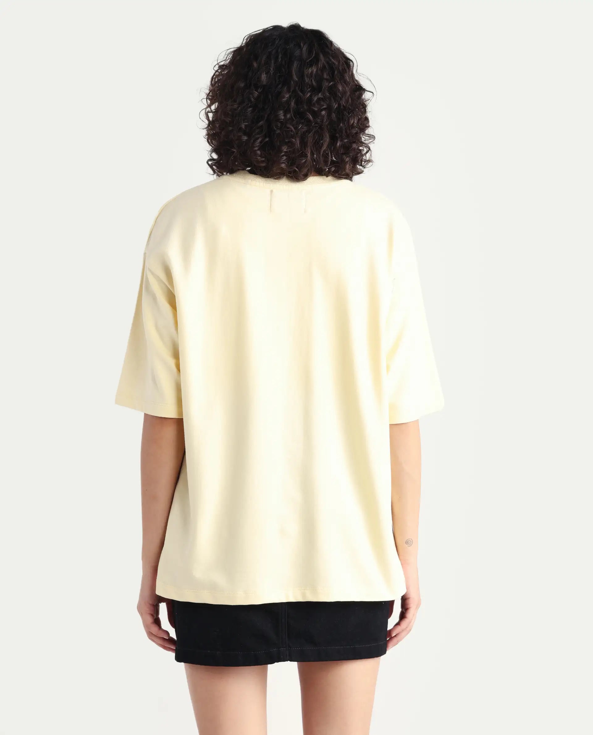 Rareism Women's Sler Dusky Yellow Cotton Crew Neck Graphic Print Oversized T-Shirt