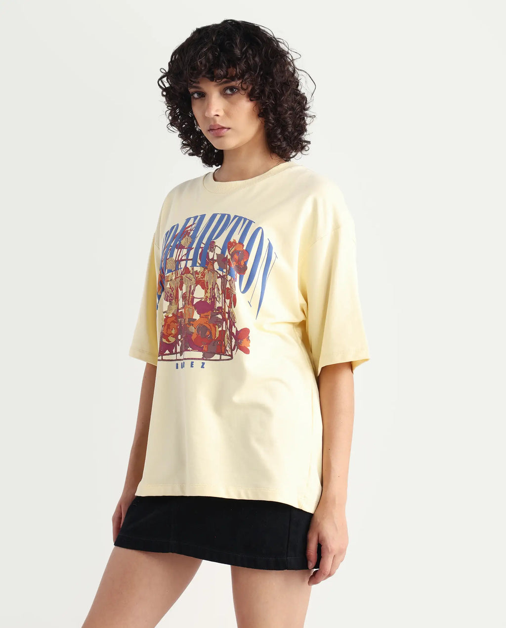 Rareism Women's Sler Dusky Yellow Cotton Crew Neck Graphic Print Oversized T-Shirt