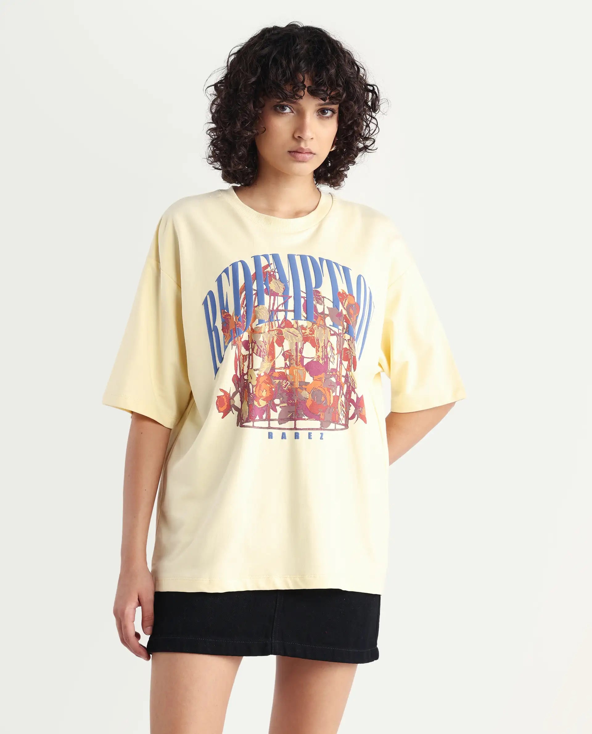 Rareism Women's Sler Dusky Yellow Cotton Crew Neck Graphic Print Oversized T-Shirt