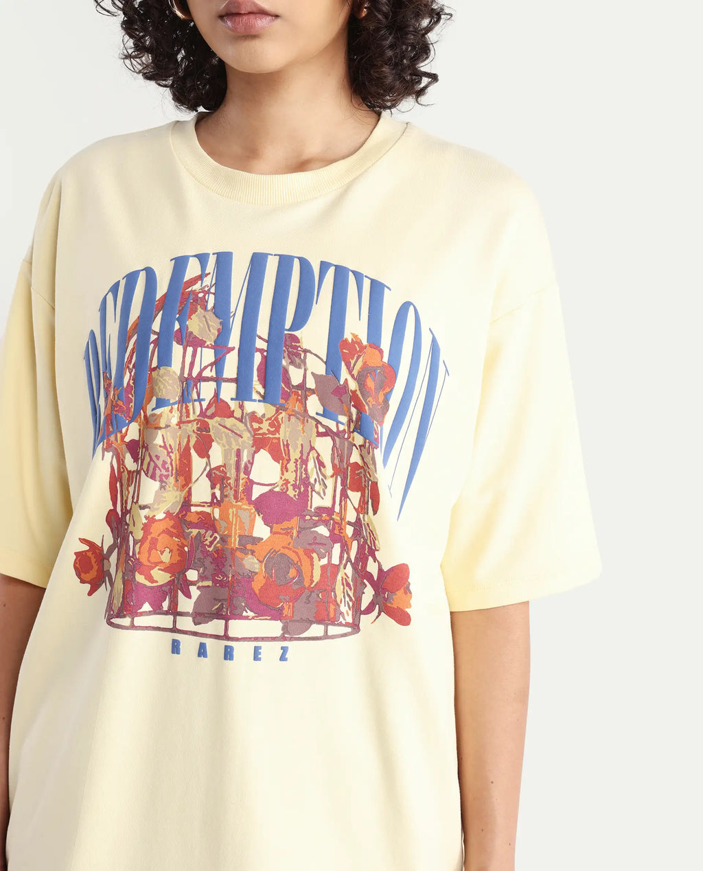 Rareism Women's Sler Dusky Yellow Cotton Crew Neck Graphic Print Oversized T-Shirt