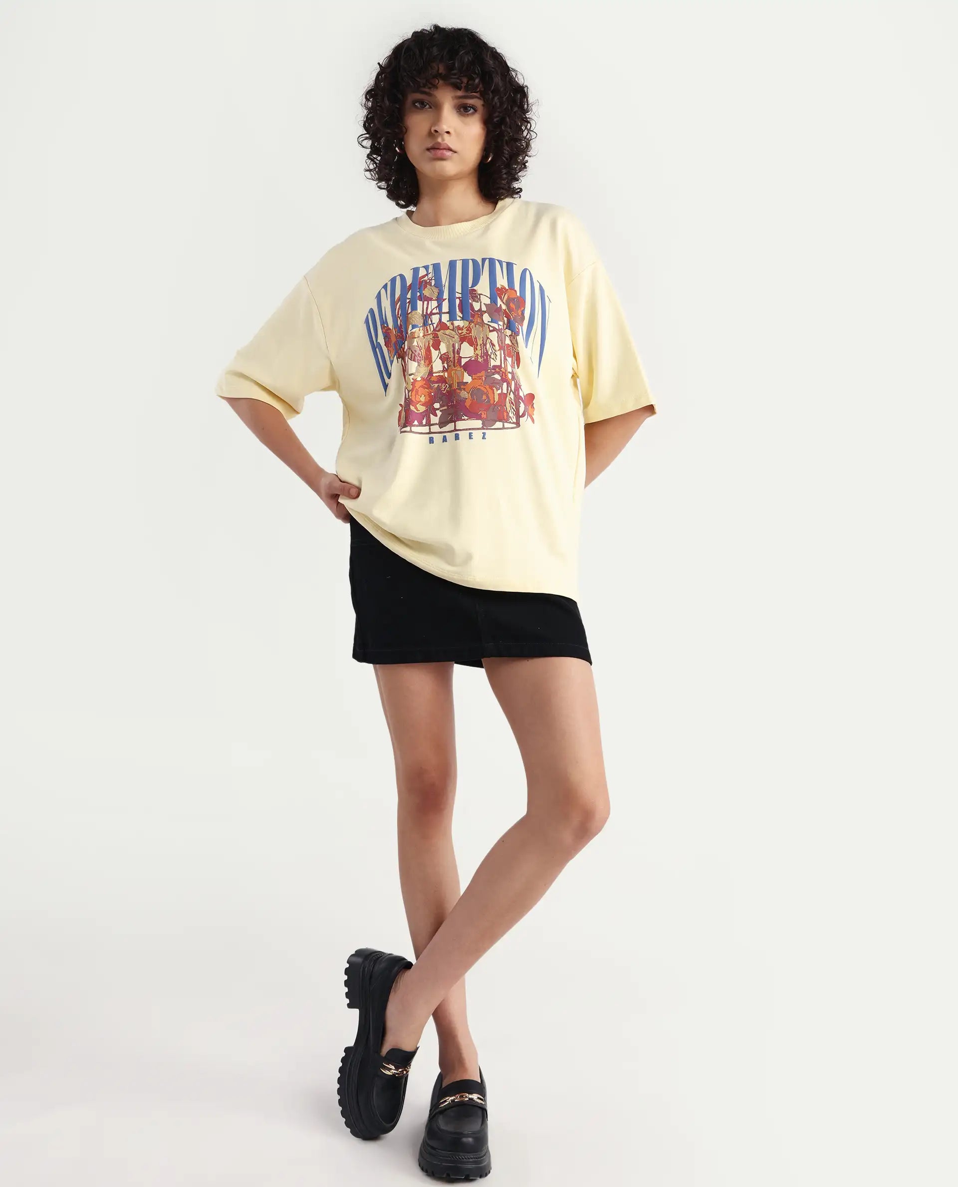 Rareism Women's Sler Dusky Yellow Cotton Crew Neck Graphic Print Oversized T-Shirt