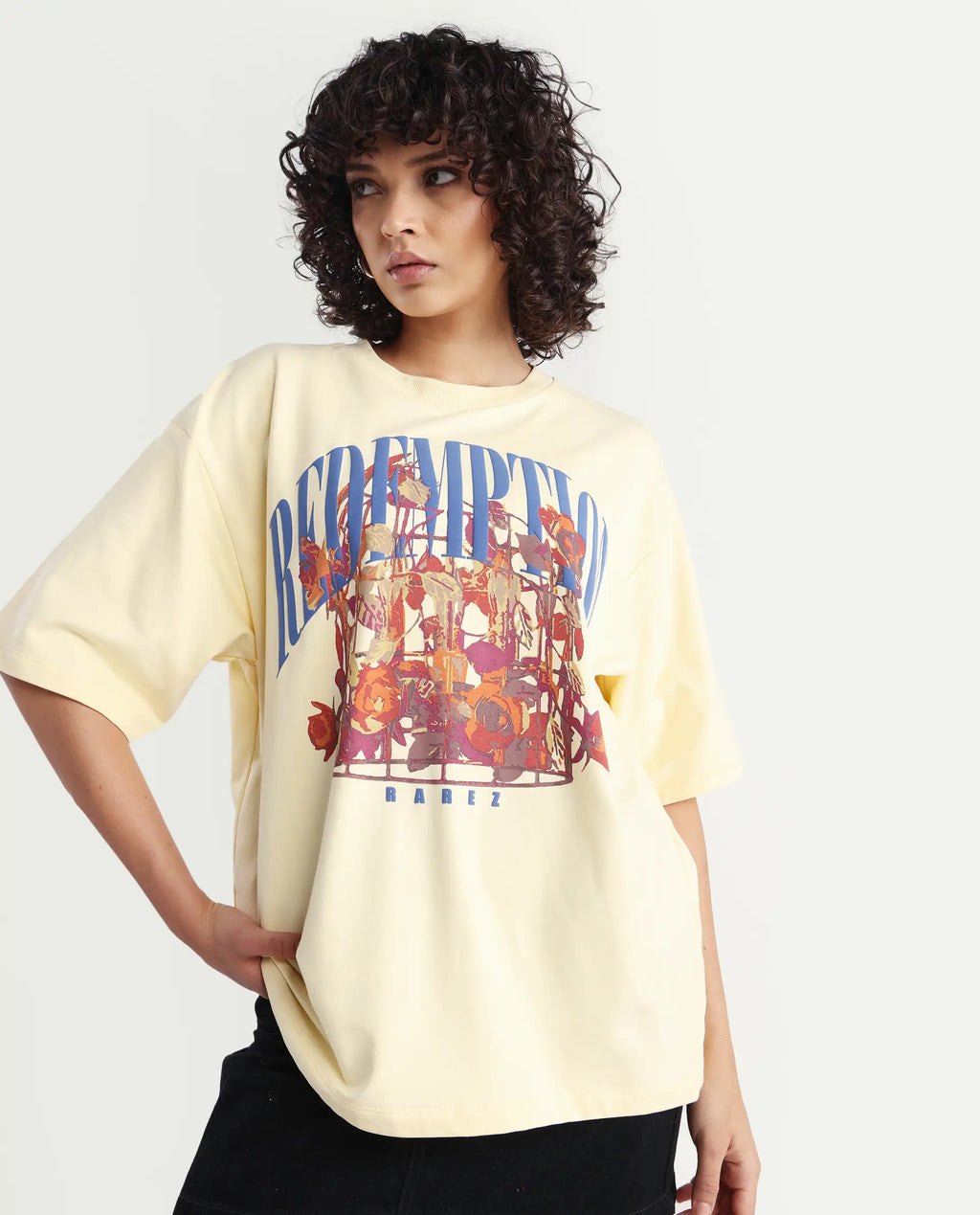 Rareism Women's Sler Dusky Yellow Cotton Crew Neck Graphic Print Oversized T-Shirt