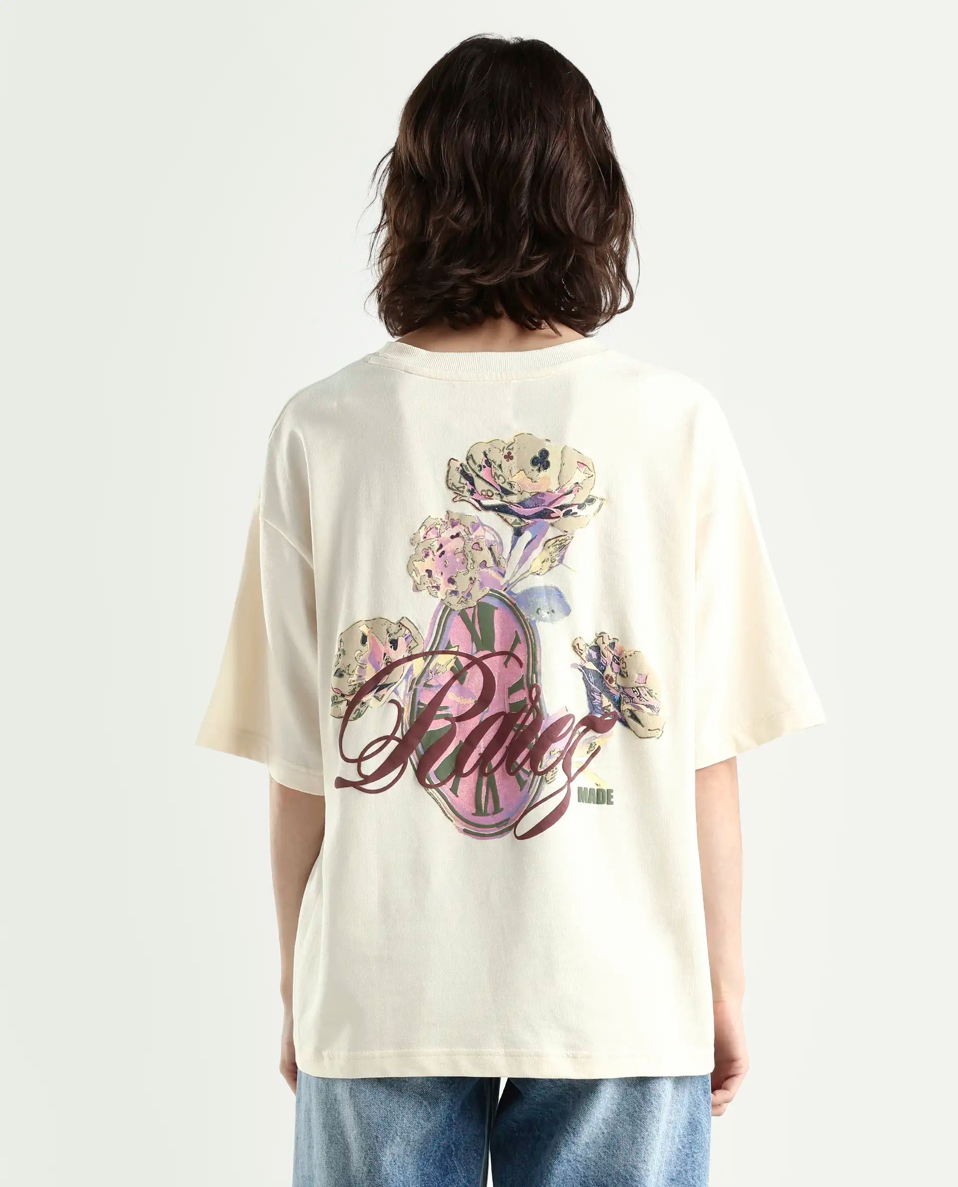 Rareism Women's Fluers Beige Cotton Crew Neck Graphic Print Oversized T-Shirt