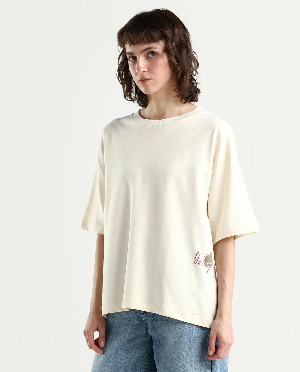 Rareism Women's Fluers Beige Cotton Crew Neck Graphic Print Oversized T-Shirt
