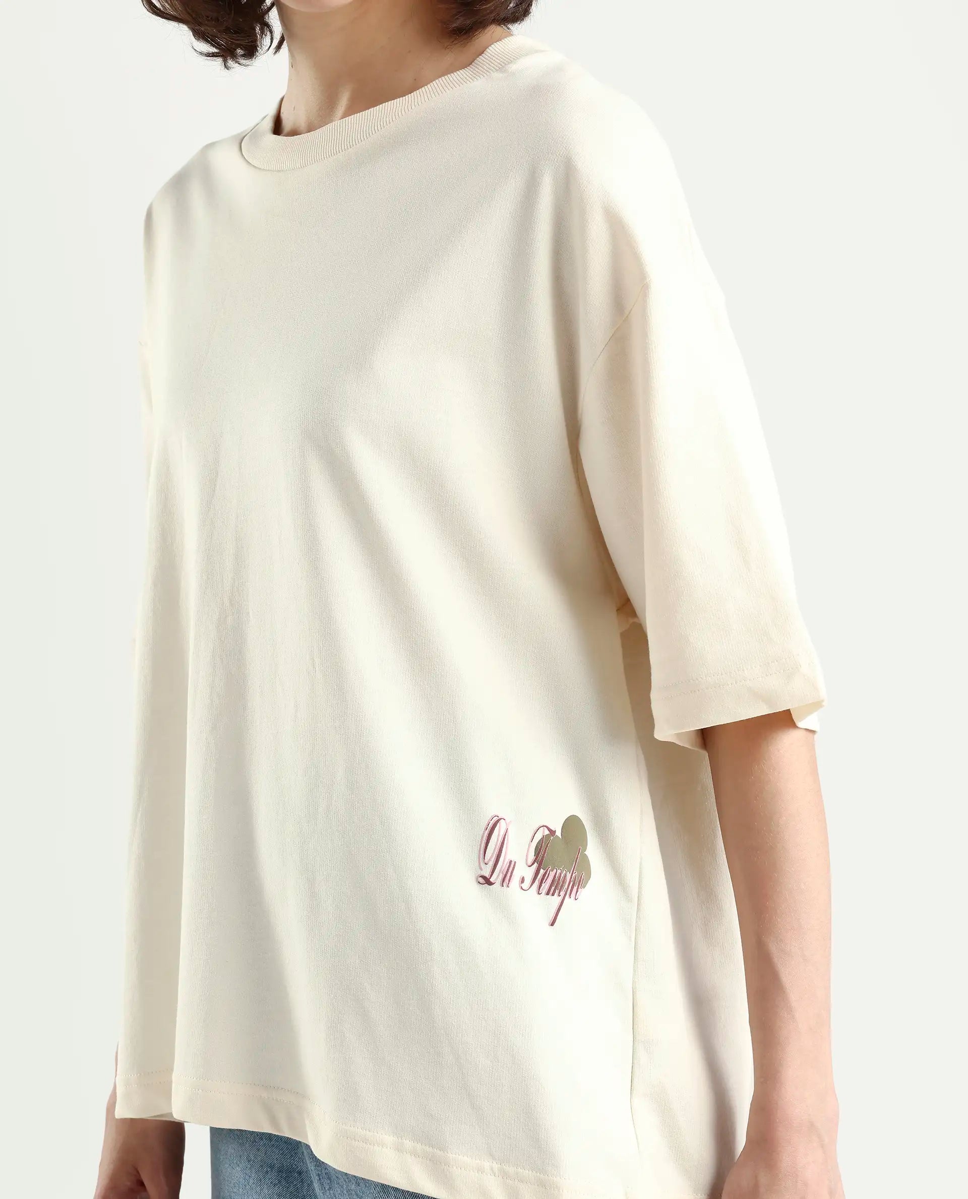 Rareism Women's Fluers Beige Cotton Crew Neck Graphic Print Oversized T-Shirt