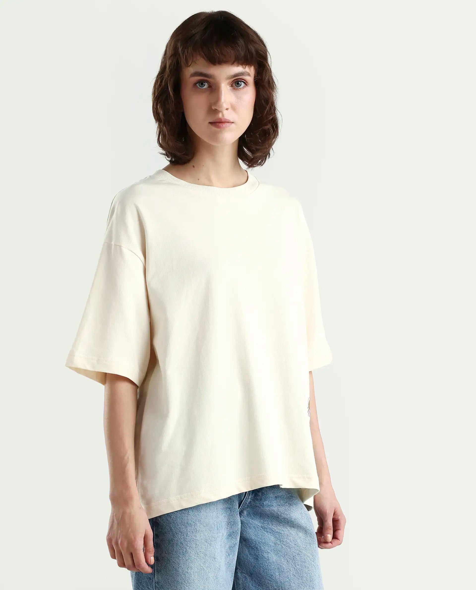 Rareism Women's Fluers Beige Cotton Crew Neck Graphic Print Oversized T-Shirt