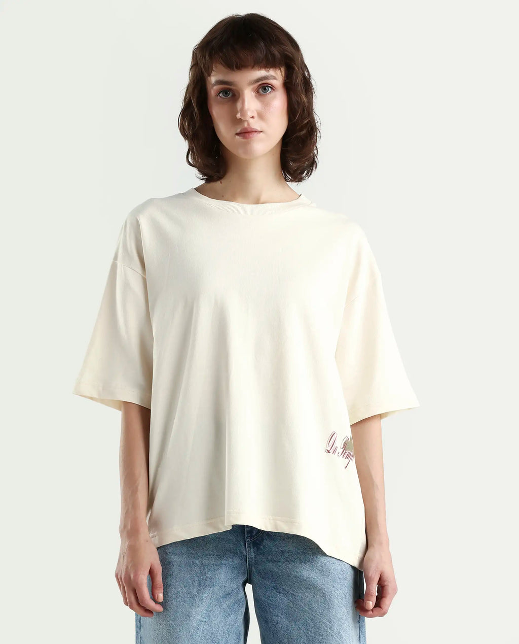 Rareism Women's Fluers Beige Cotton Crew Neck Graphic Print Oversized T-Shirt