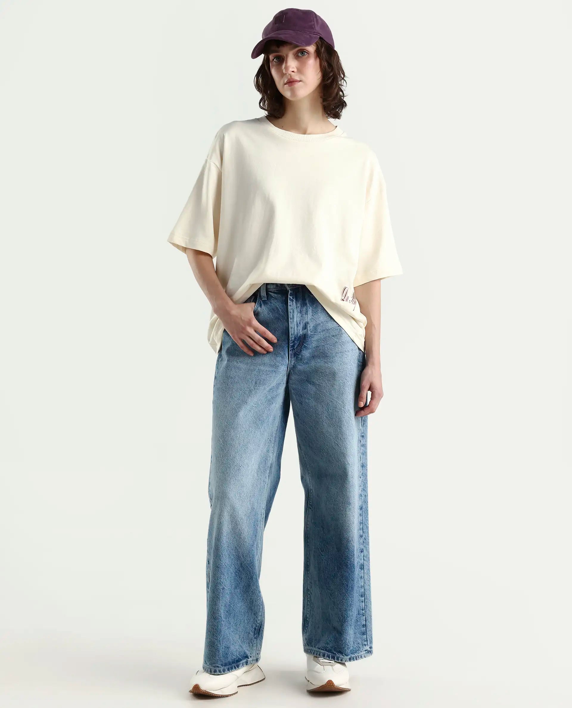 Rareism Women's Fluers Beige Cotton Crew Neck Graphic Print Oversized T-Shirt