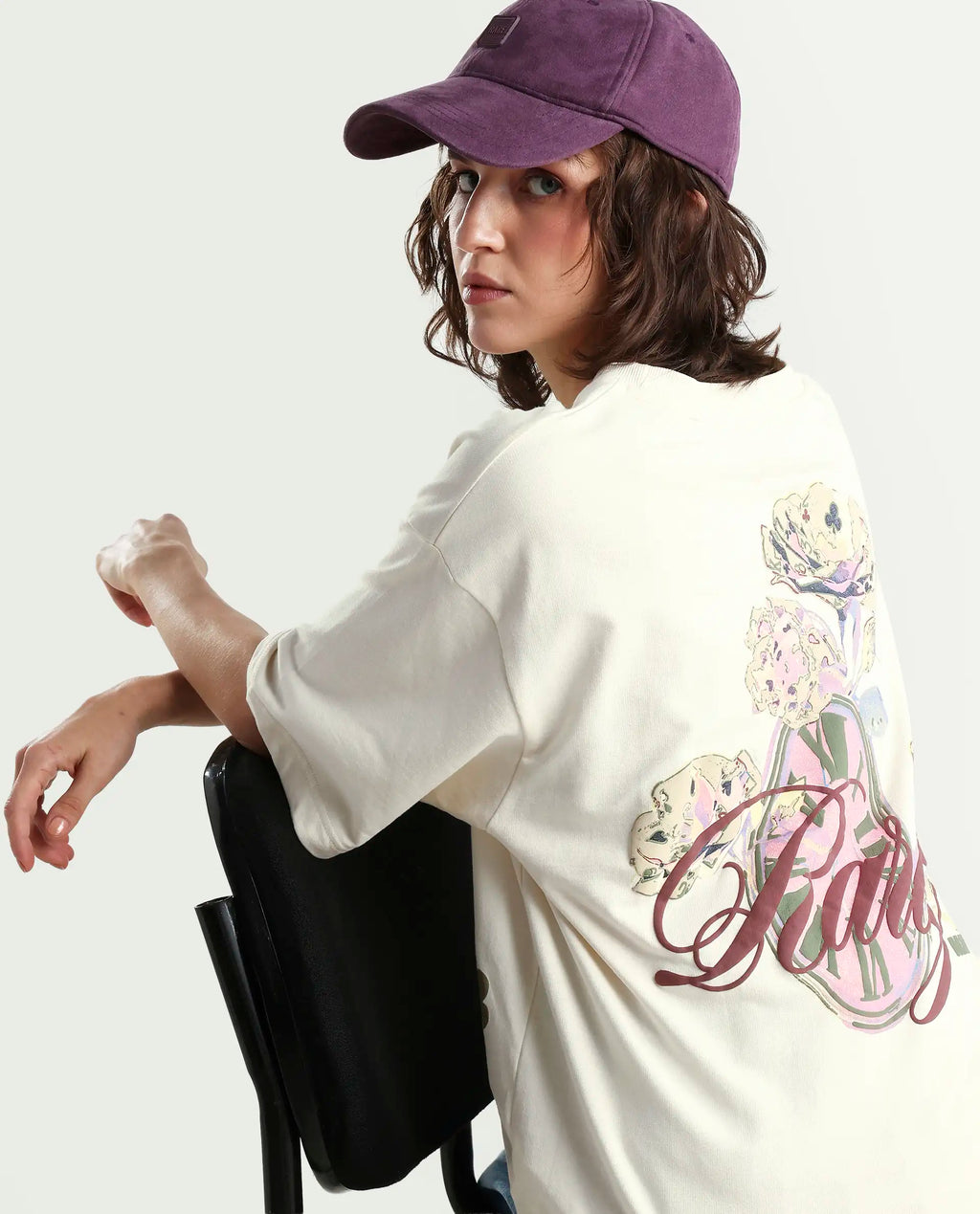 Rareism Women's Fluers Beige Cotton Crew Neck Graphic Print Oversized T-Shirt