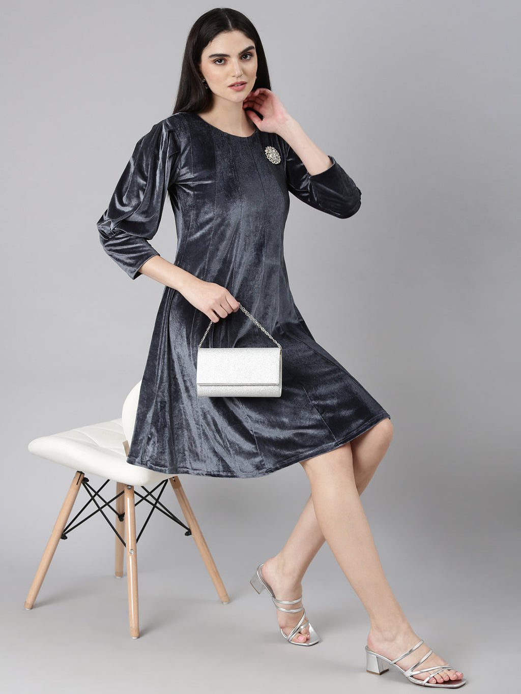 Women's Grey Cuffed Sleeves A-Line Dress