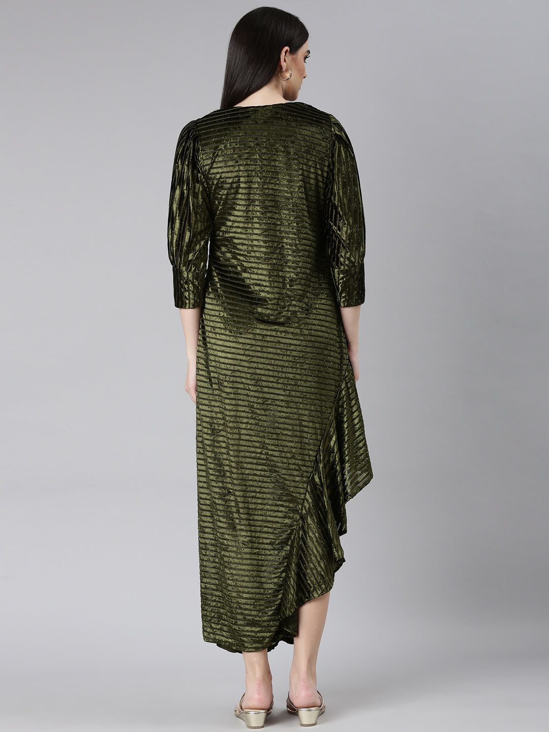 Women's Olive Cowl Neck Velvet Blouson Midi Dress