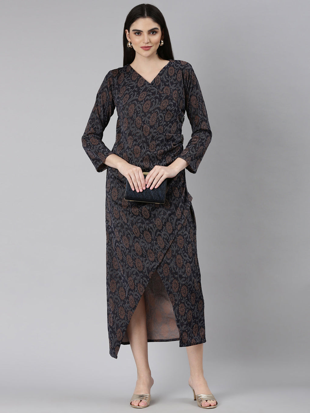 Women's Navy Blue Ethnic Motifs Print Bell Sleeves Dress