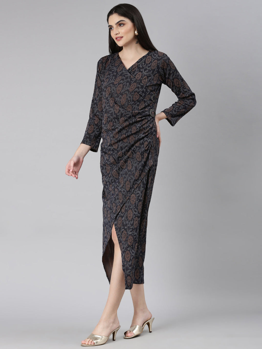 Women's Navy Blue Ethnic Motifs Print Bell Sleeves Dress
