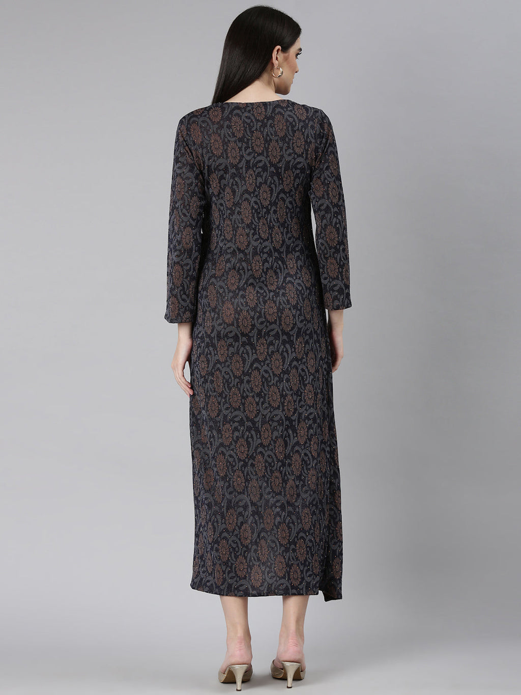 Women's Navy Blue Ethnic Motifs Print Bell Sleeves Dress