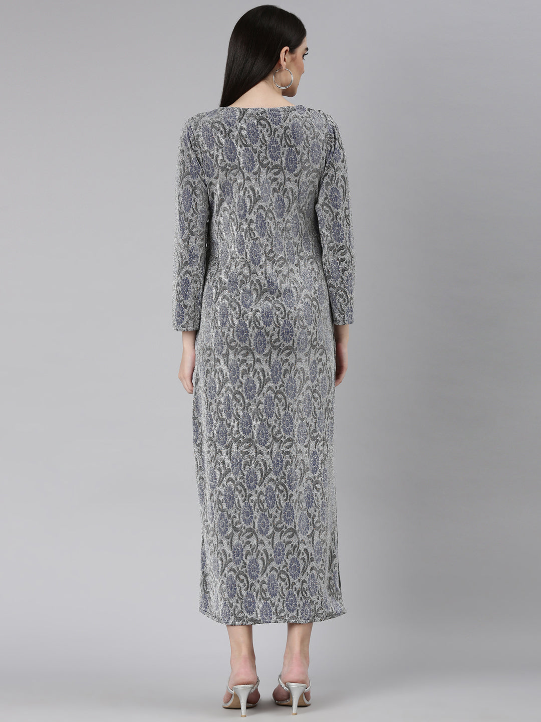 Women's Silver Self Design Sheath Dress
