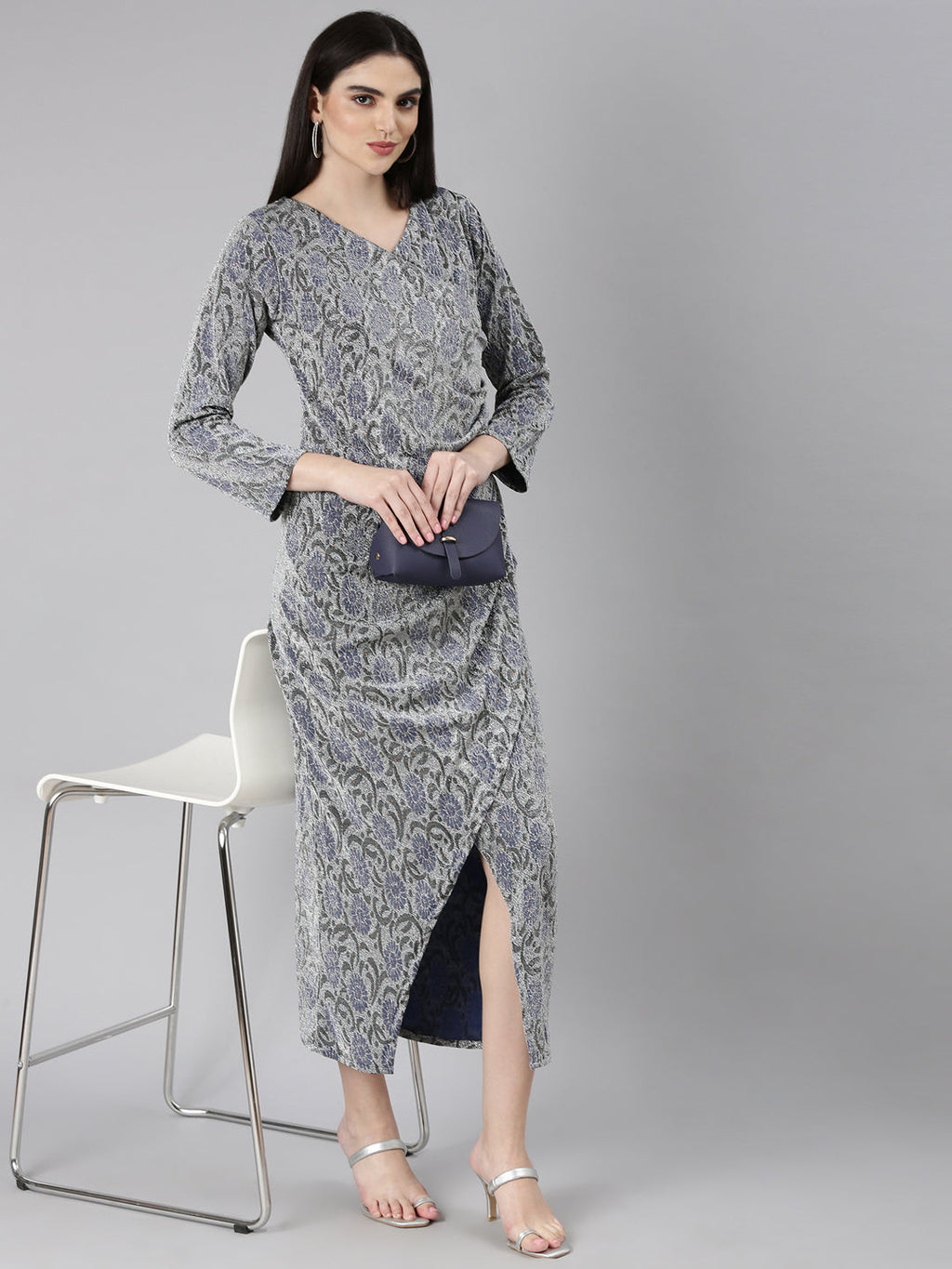 Women's Silver Self Design Sheath Dress