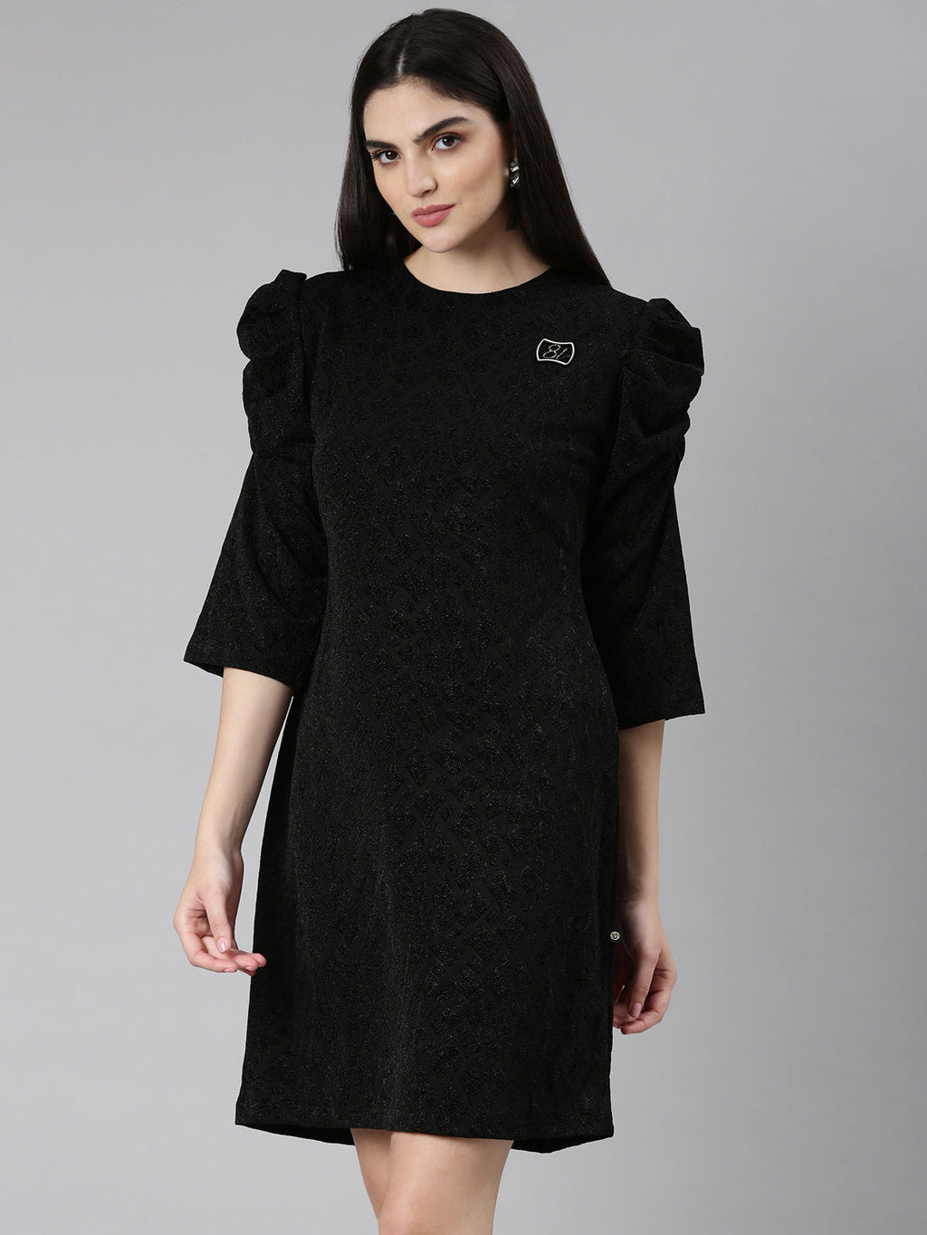 Women's Black Round Neck Puff Sleeves Sheath Dress
