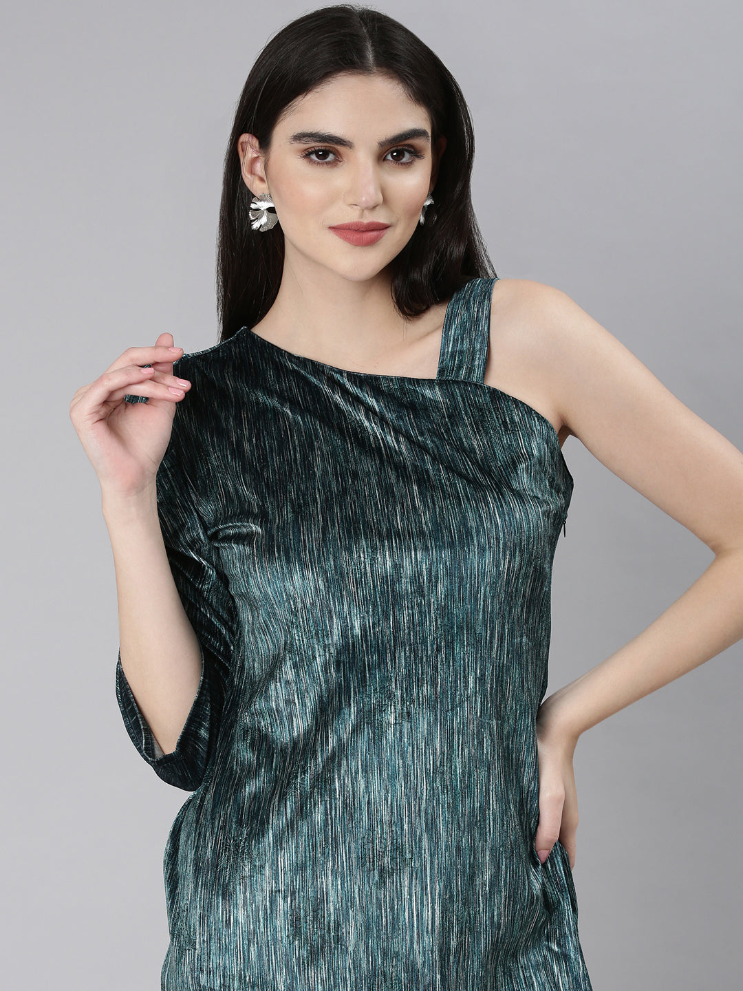 Women's Teal Striped One Shoulder Sheath Dress