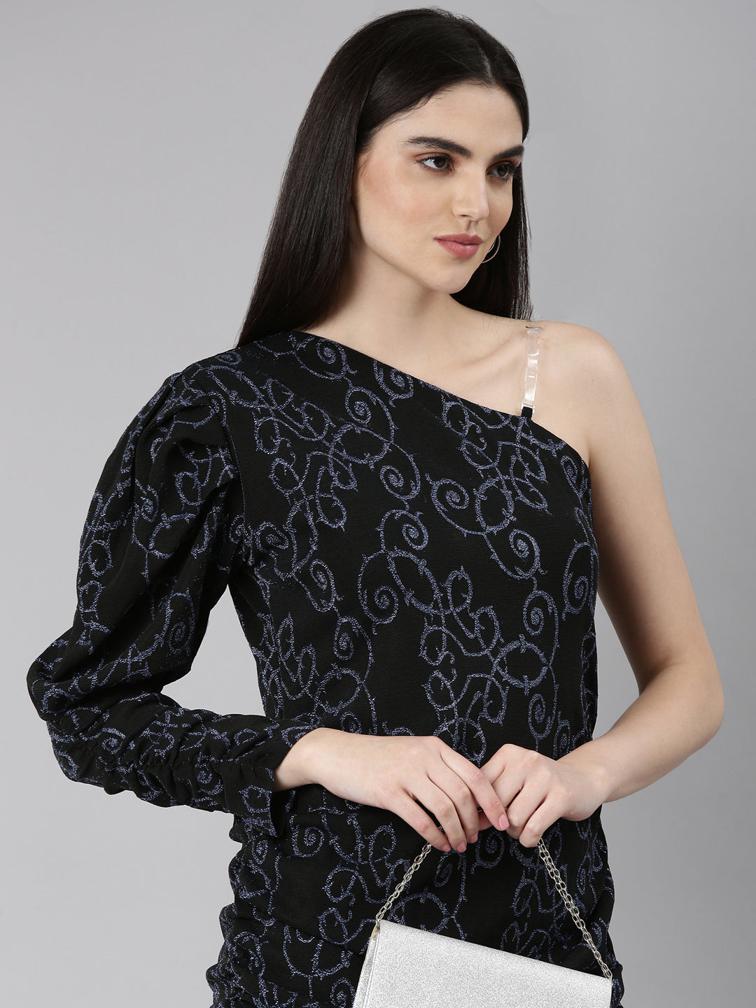 Women's Black Self Design One Shoulder Puff Sleeve Sheath Dress