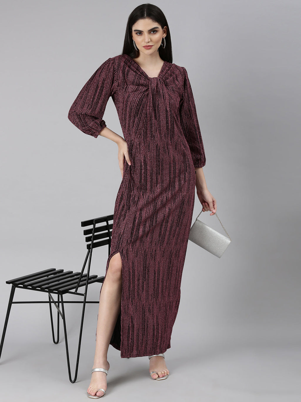 Women's Magenta Self Designed Cut-Out Detailed V-Neck Puff Sleeves Maxi Dress