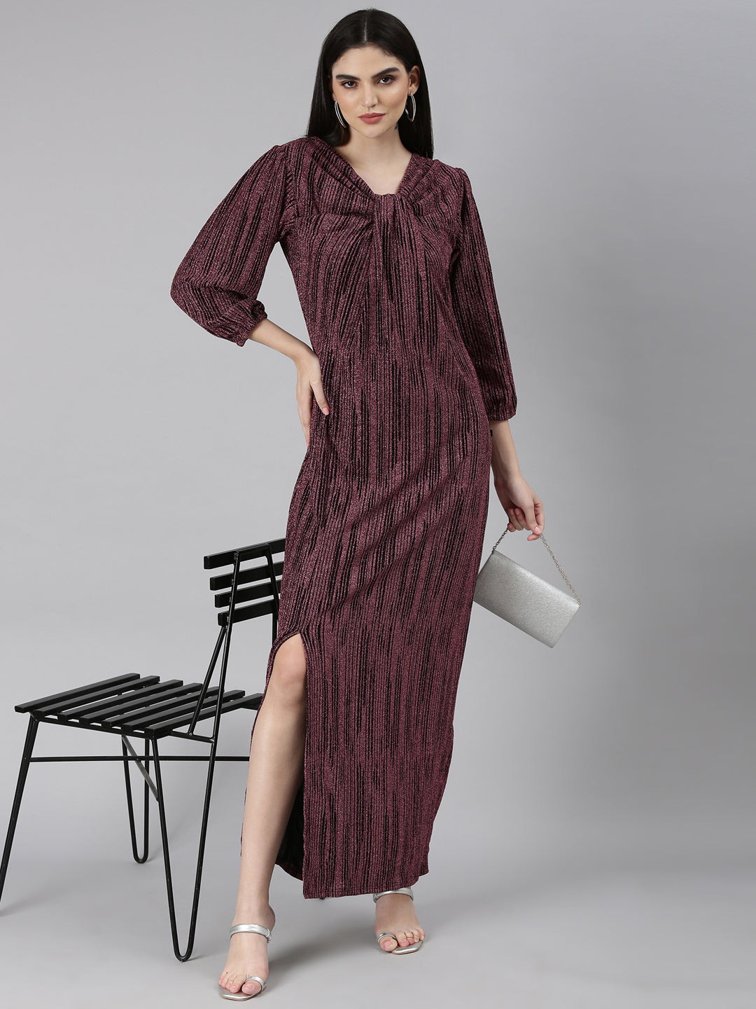 Women's Magenta Self Designed Cut-Out Detailed V-Neck Puff Sleeves Maxi Dress